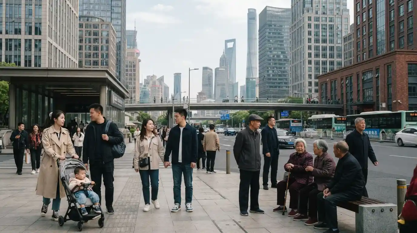 Modern Chinese city with families and older residents representing the country’s changing population structure