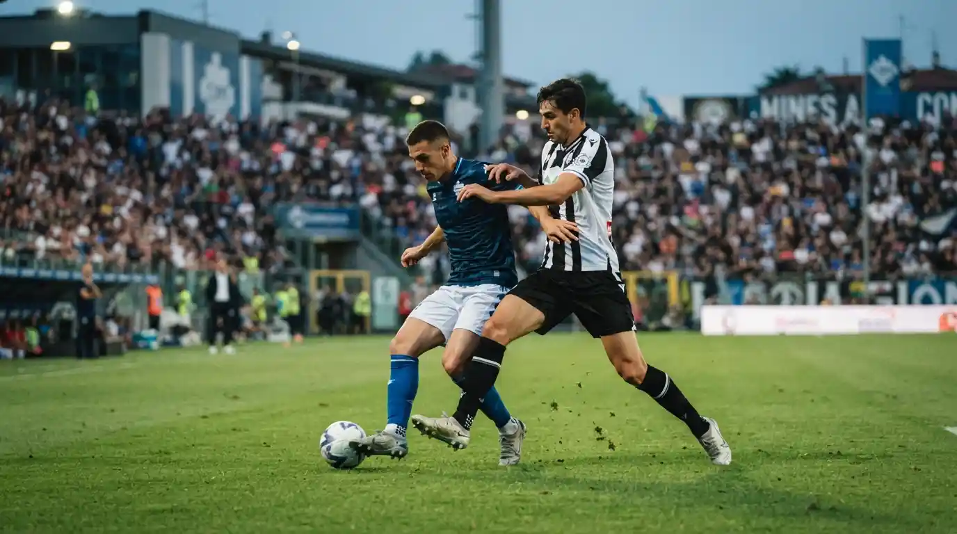 Two football players competing for the ball during a Como vs Udinese match