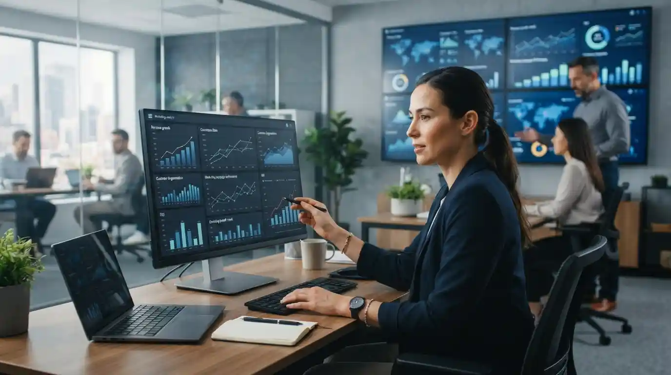 Marketing analyst reviewing revenue, conversion, and campaign performance dashboards in a modern office