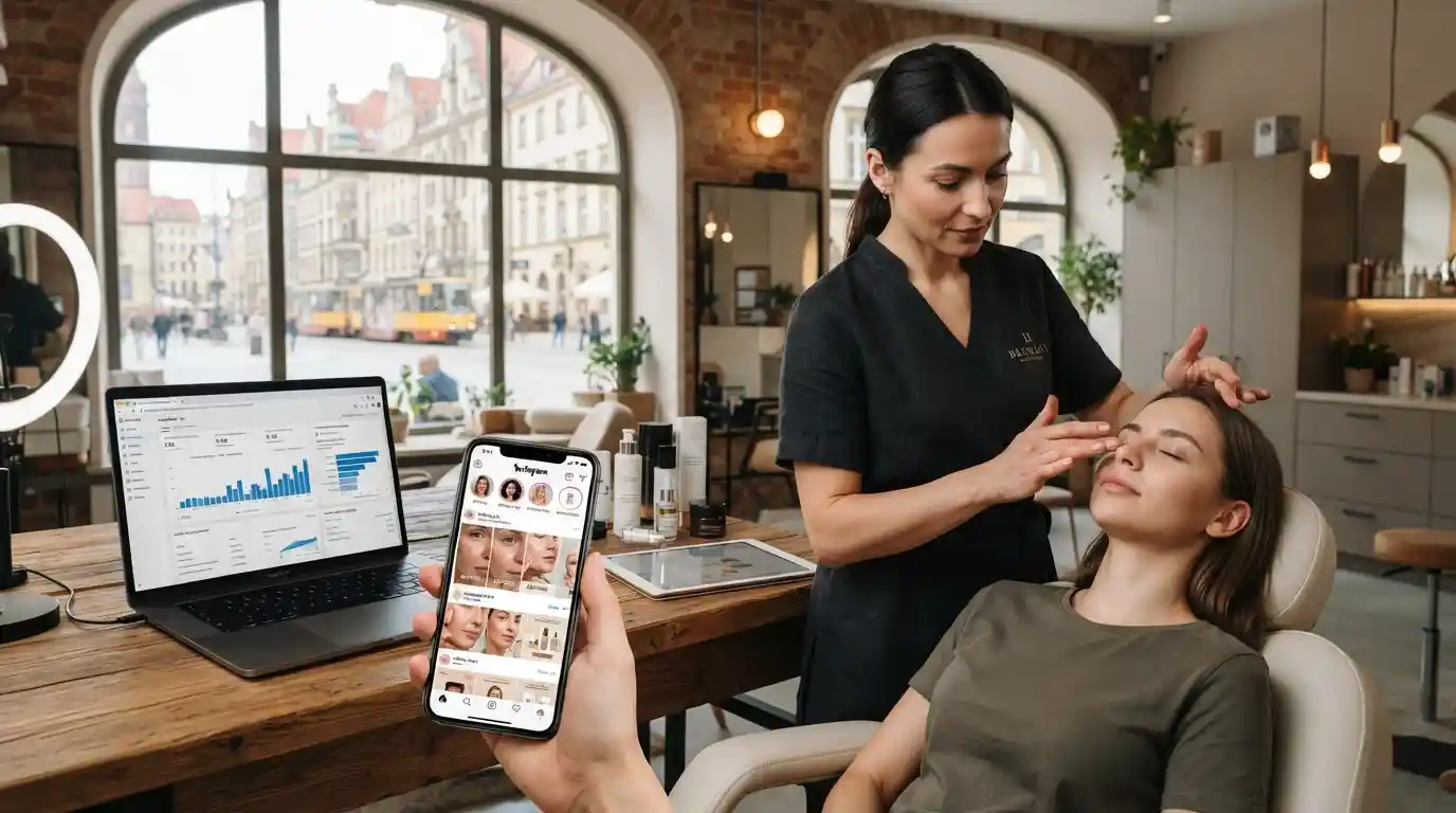 Beauty professional using digital marketing tools in a modern Wrocław studio