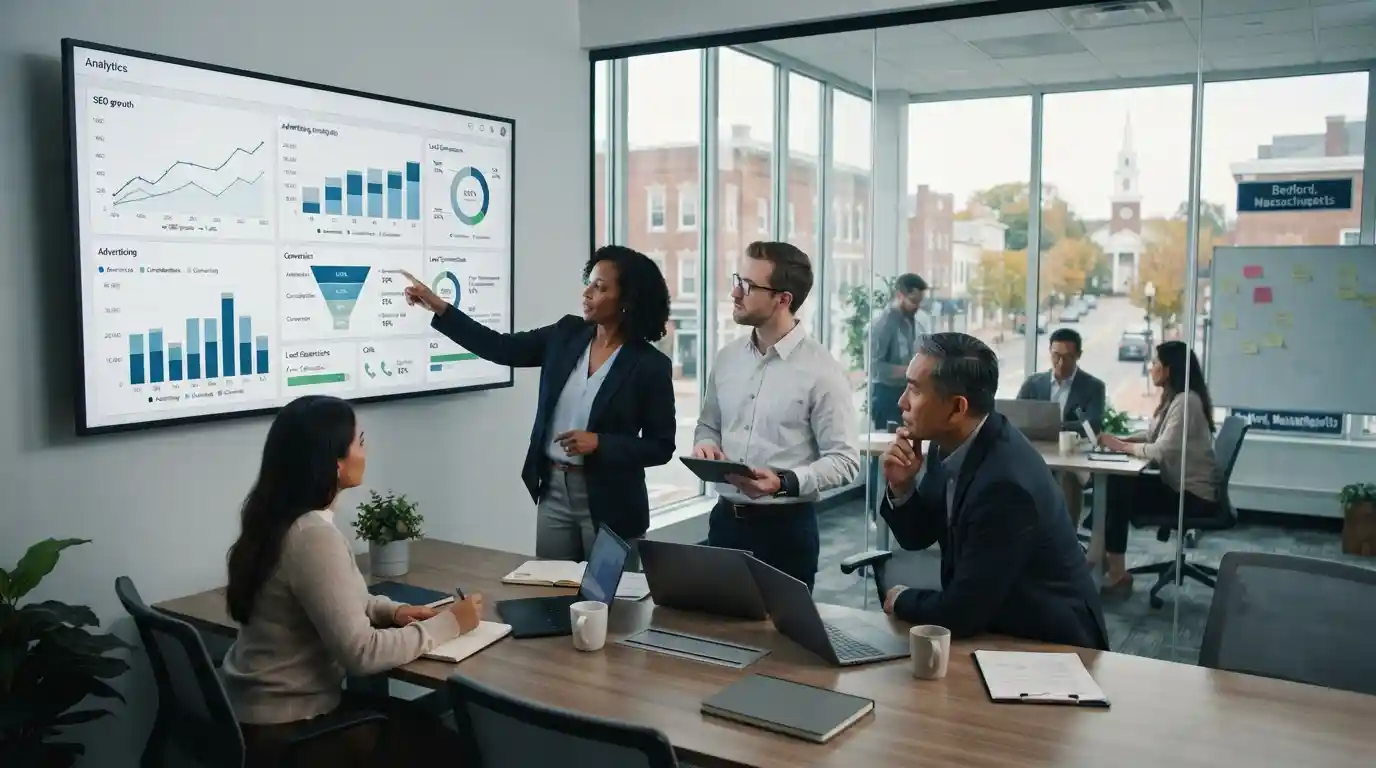 Marketing professionals reviewing digital performance dashboards and campaign benchmarks in a modern business office