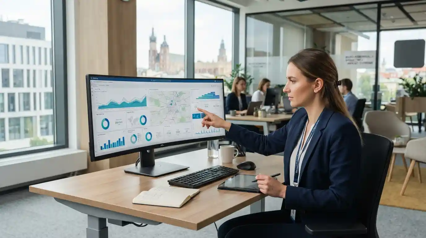 Digital communications analyst reviewing marketing performance data in a modern government office in Kraków