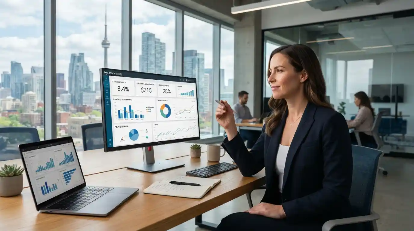 Business professional analyzing digital marketing performance dashboards inside a modern manufacturing environment