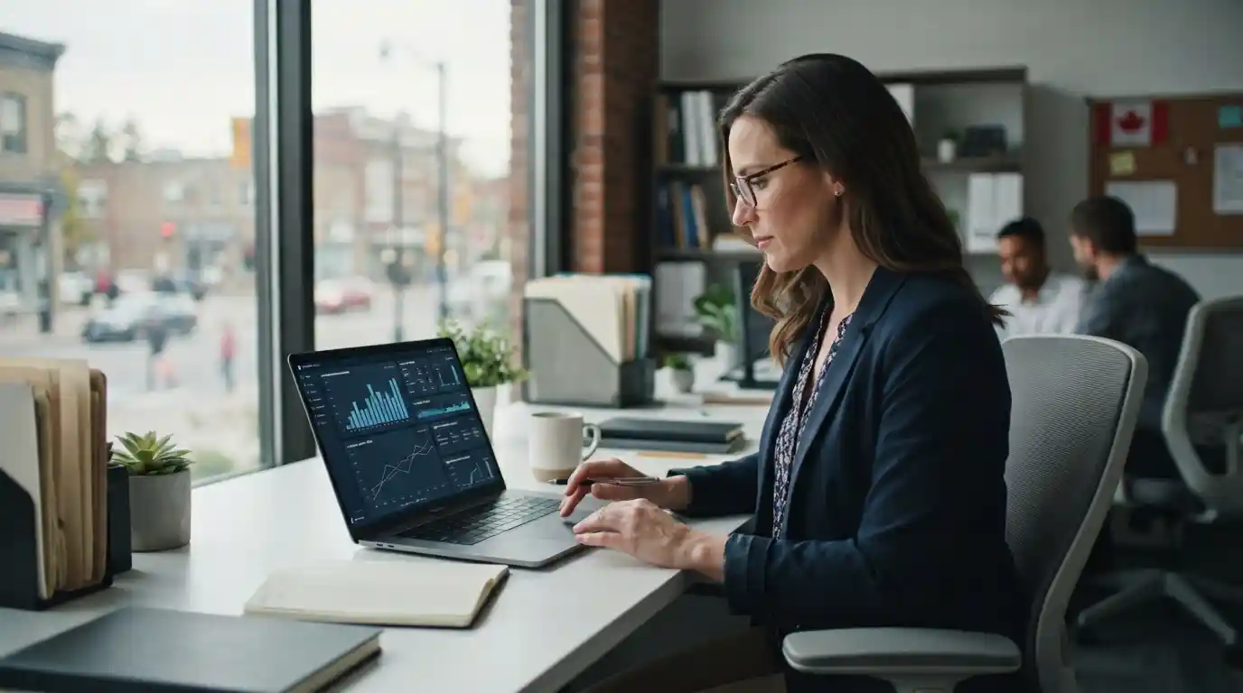 Oshawa business professional analyzing digital marketing performance on a laptop