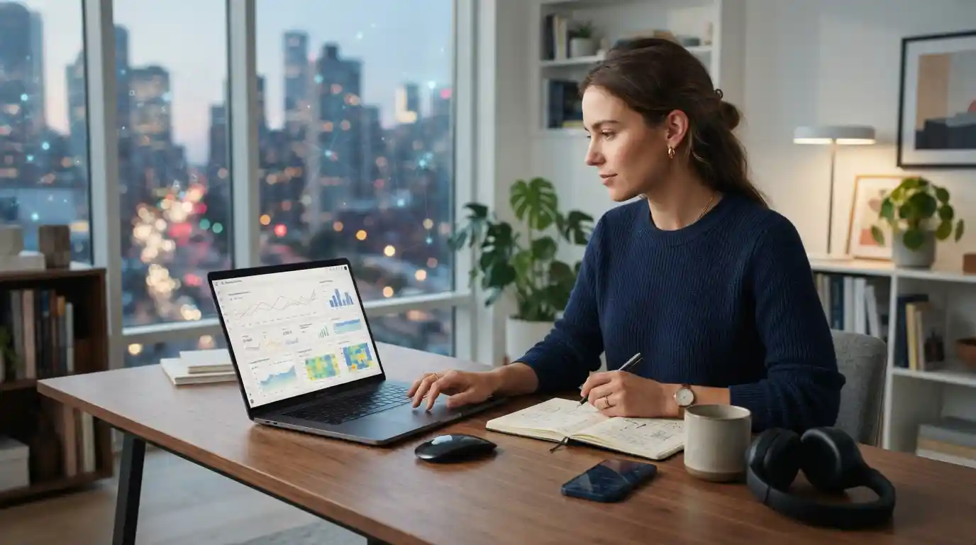 Remote marketing professional analyzing digital campaign performance on a laptop in a modern home office