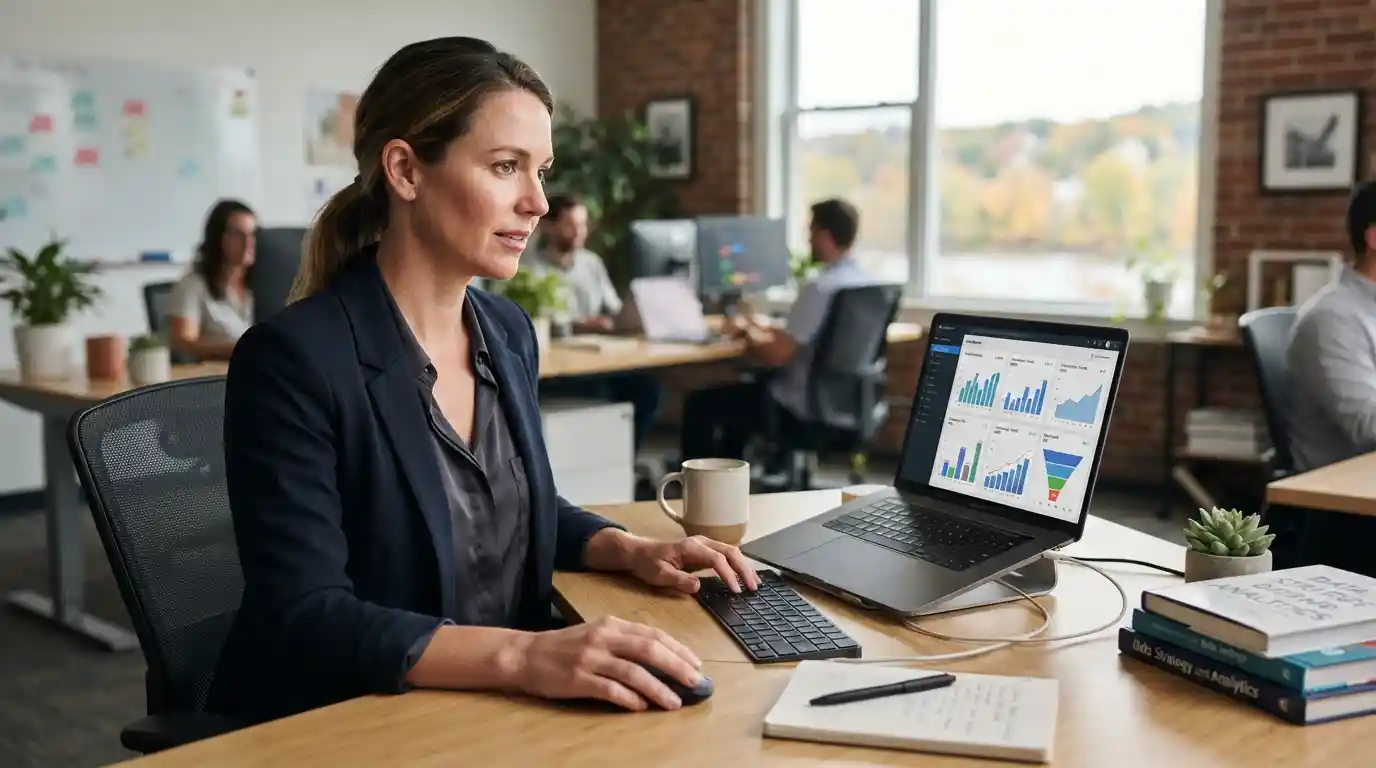 Marketing professional reviewing digital campaign performance and revenue metrics on a laptop