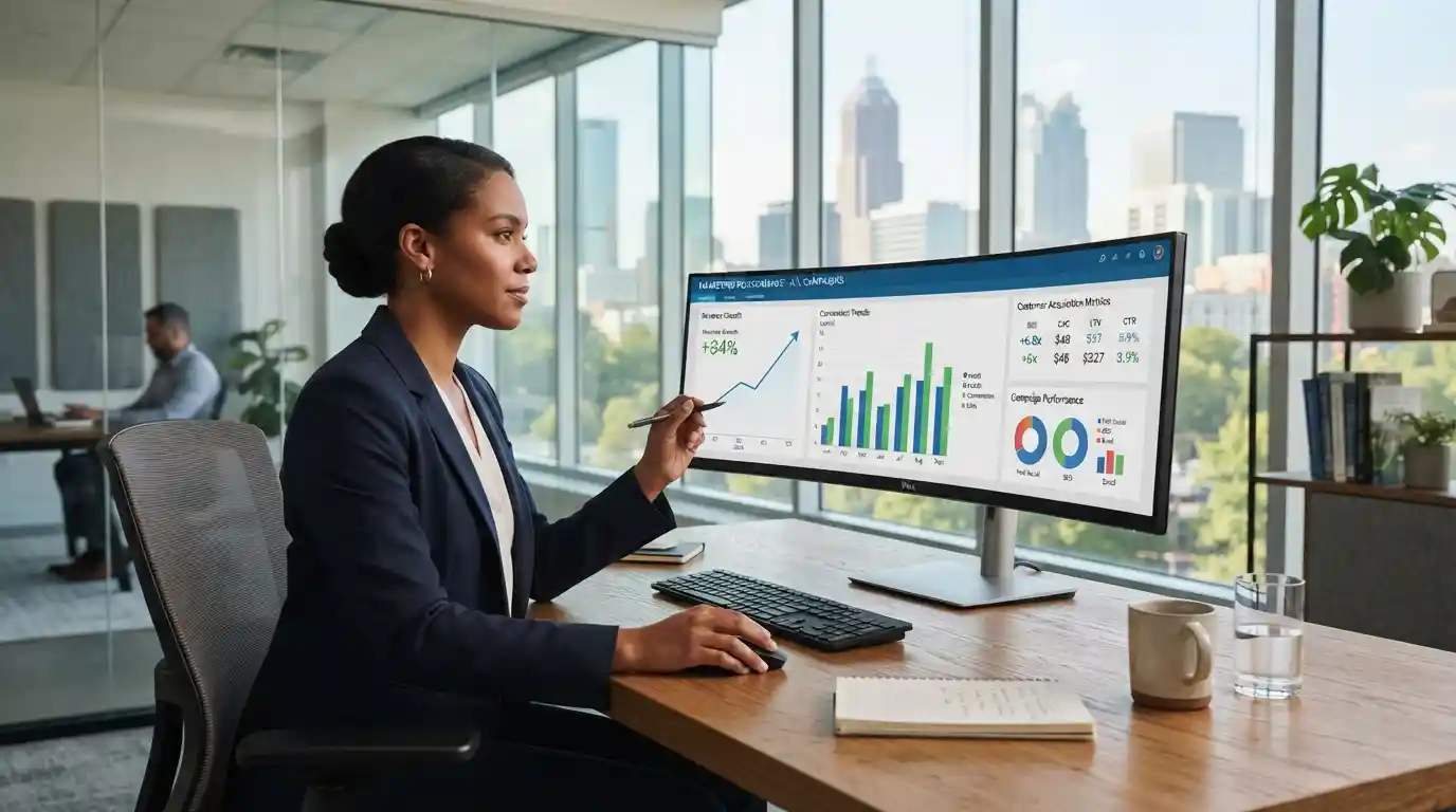 Atlanta business professional reviewing digital marketing performance and conversion analytics in a modern office