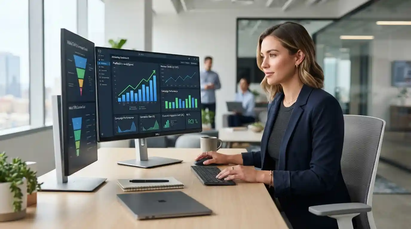 Marketing analyst reviewing campaign performance, customer conversions, and revenue trends on a business analytics dashboard.