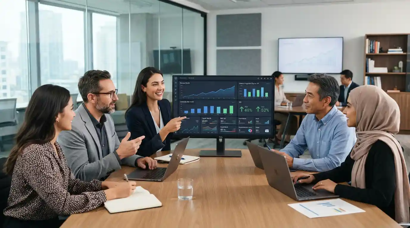 Business professionals reviewing digital marketing performance and ROI analytics on a modern office dashboard