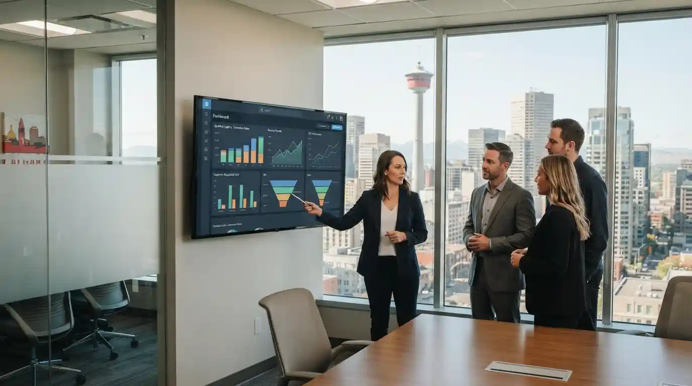 Business professionals reviewing digital marketing performance data in a Calgary office