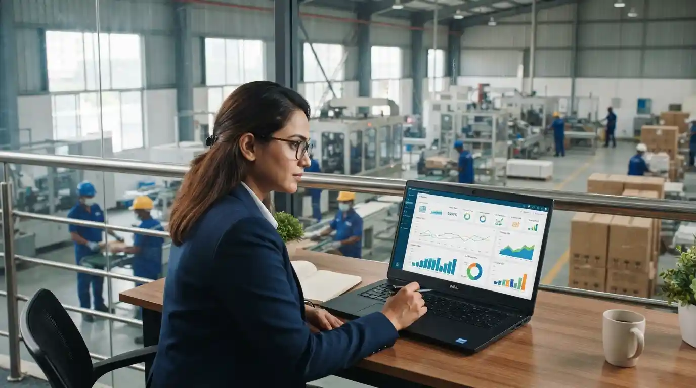 Marketing professional analyzing digital performance data inside a manufacturing facility in Dhaka