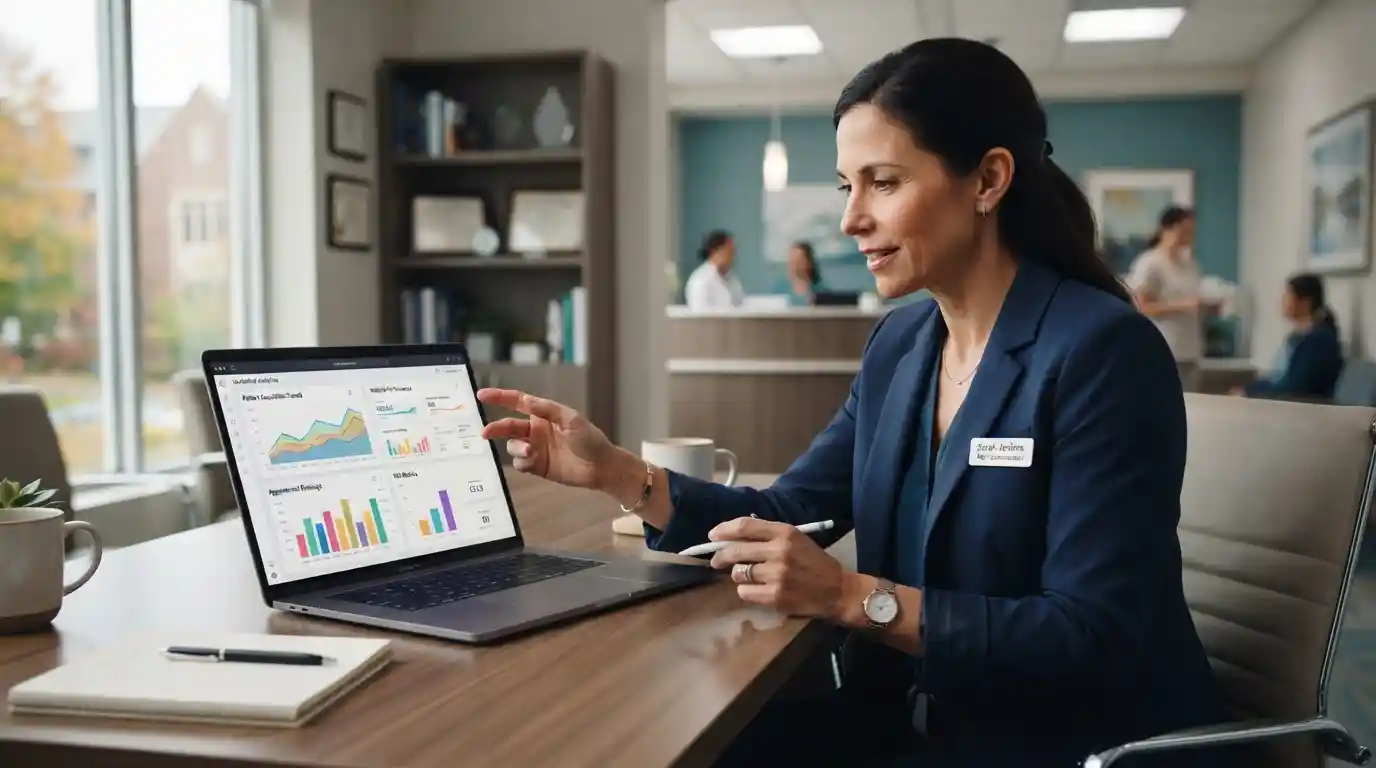 Healthcare professional reviewing digital marketing performance analytics in a modern medical office