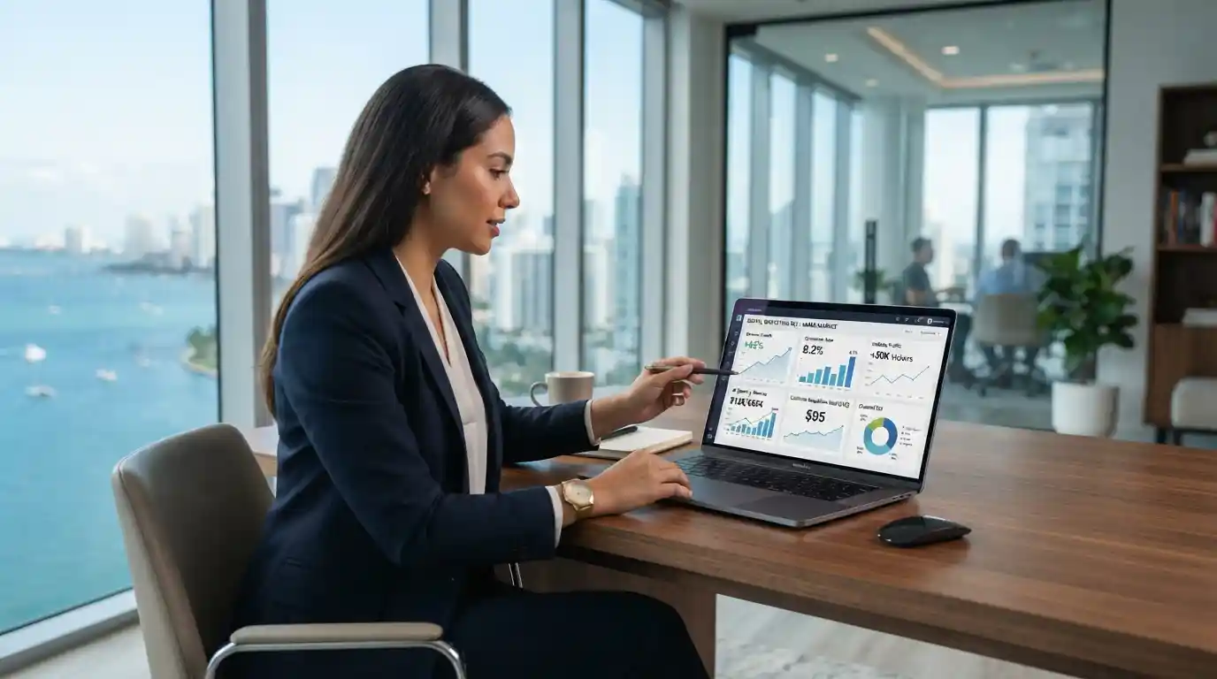 Miami business professional reviewing digital marketing performance and revenue analytics on a laptop