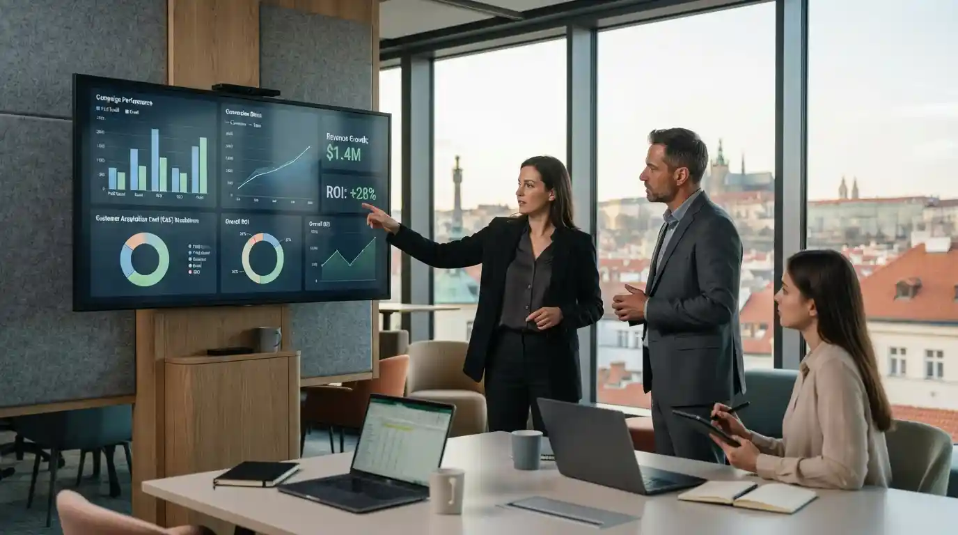 Business professionals analyzing digital marketing ROI metrics in a modern Prague office