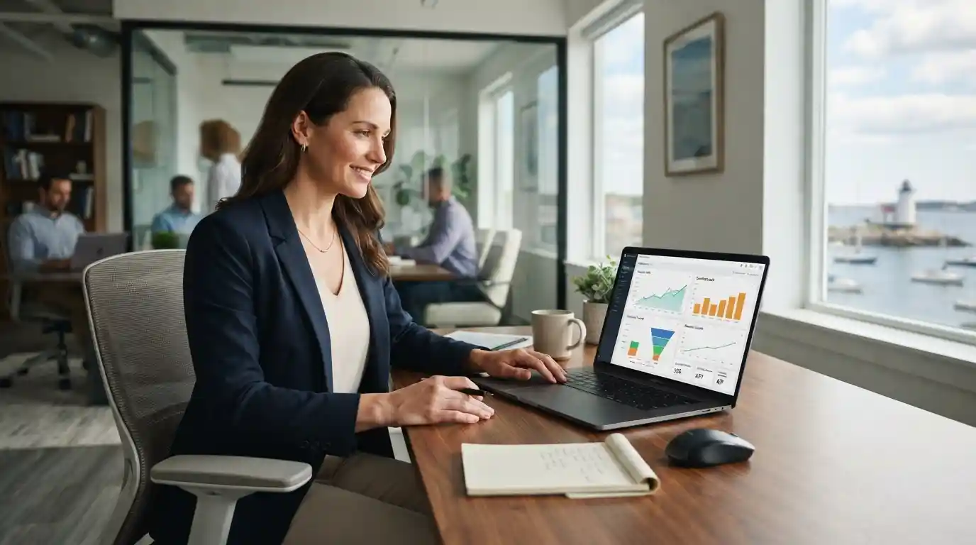 Business professional reviewing digital marketing performance and revenue analytics on a laptop
