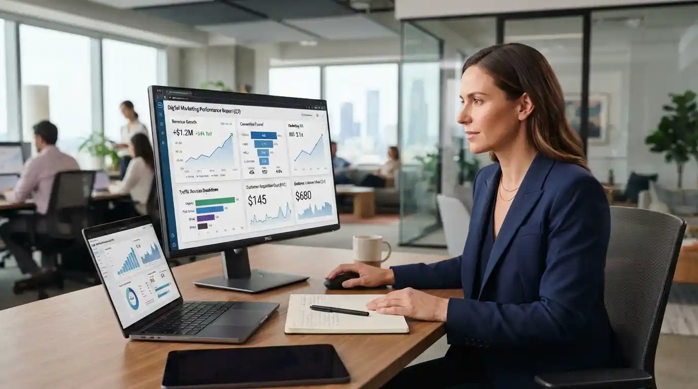 Business professional analyzing digital marketing performance and ROI metrics on an analytics dashboard