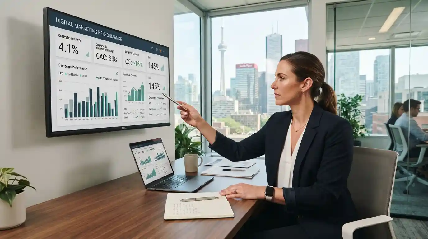 Marketing professional reviewing digital campaign performance and revenue analytics in a Toronto office