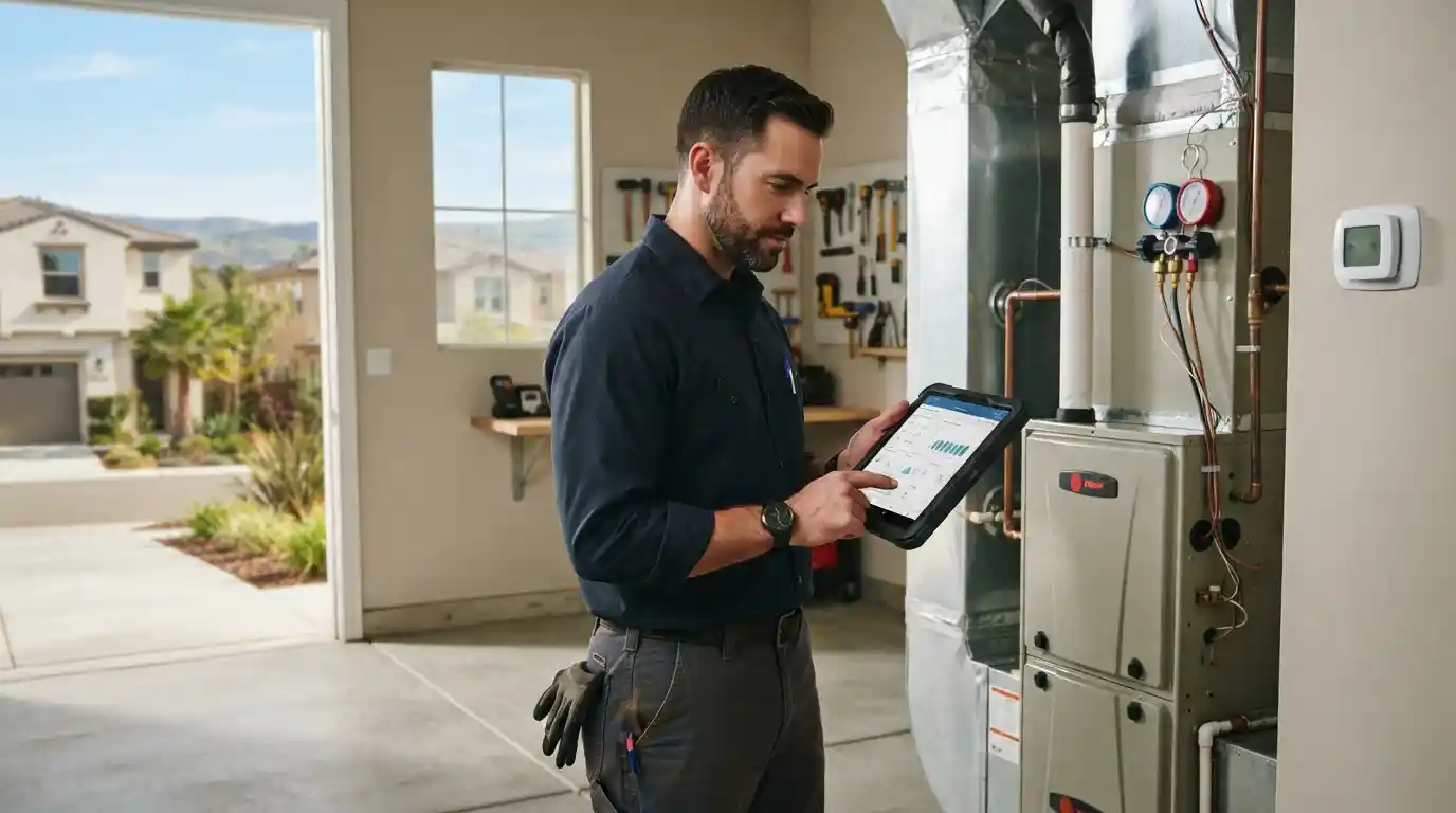HVAC technician reviewing digital customer leads beside a residential heating and cooling system