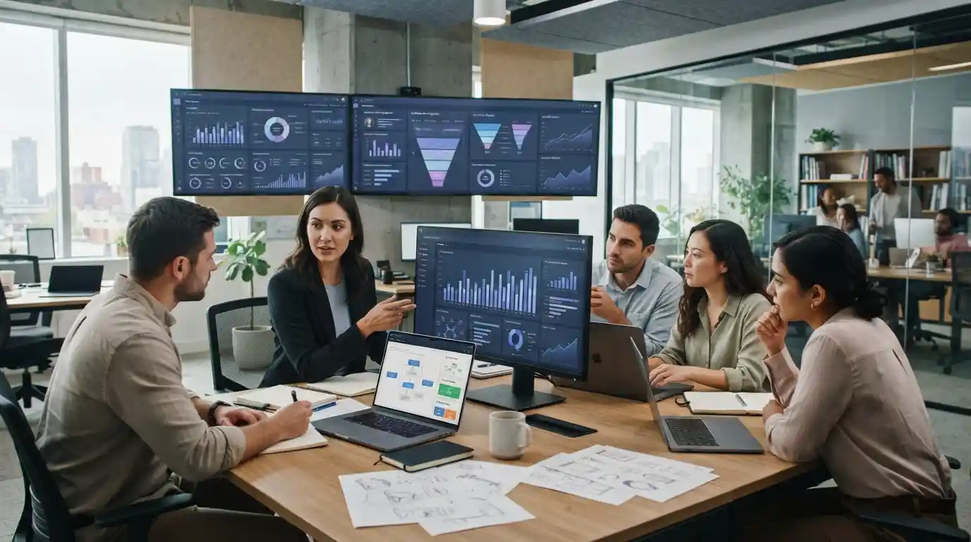 Marketing team analyzing digital campaign performance and growth metrics in a modern agency office