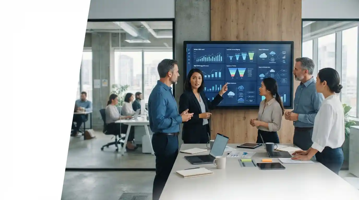 Business professionals using digital analytics and connected technology to support modern business services.