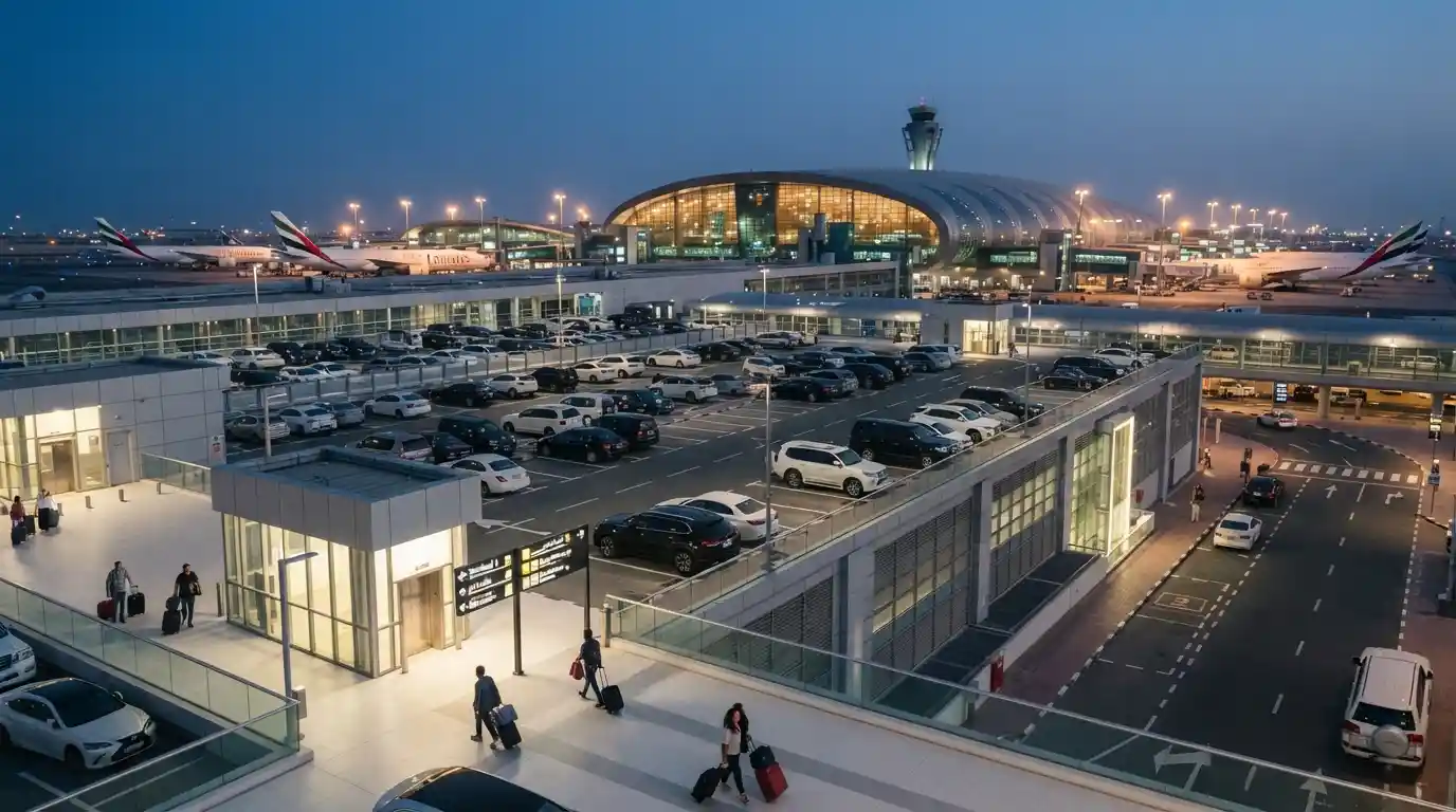 Modern car parking area with vehicles near a Dubai International Airport terminal