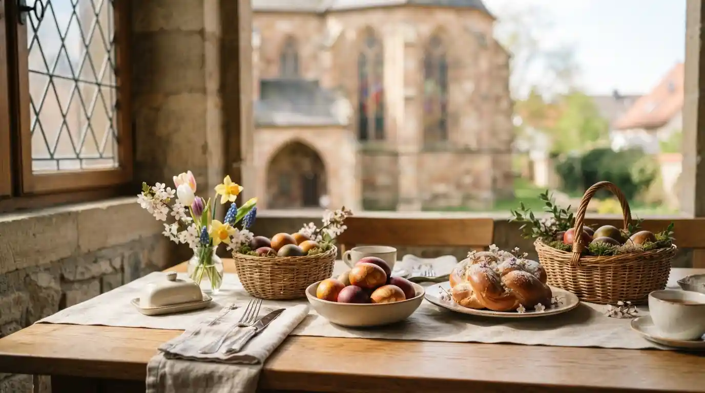 Easter eggs, spring flowers, Easter basket, and traditional bread arranged on a table
