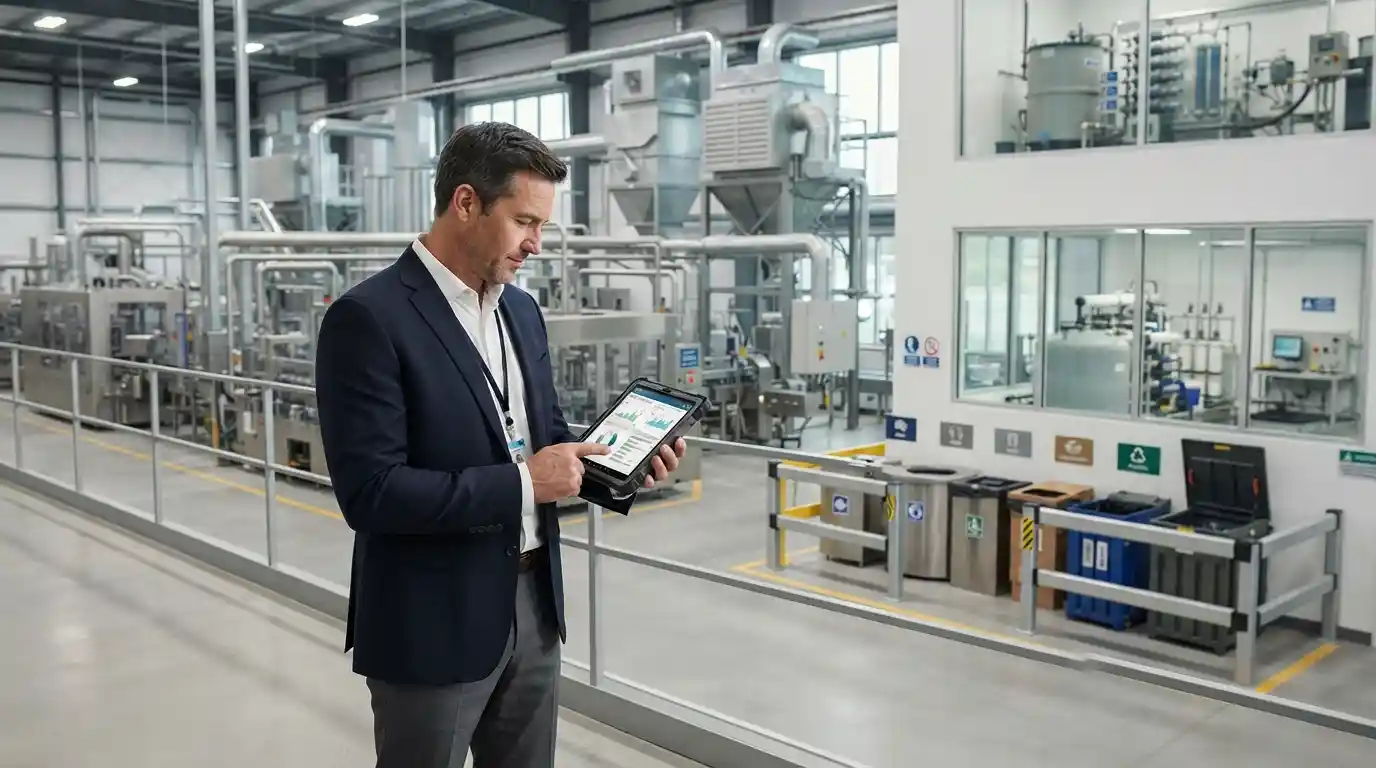 Business executive reviewing environmental compliance documents at a modern industrial facility