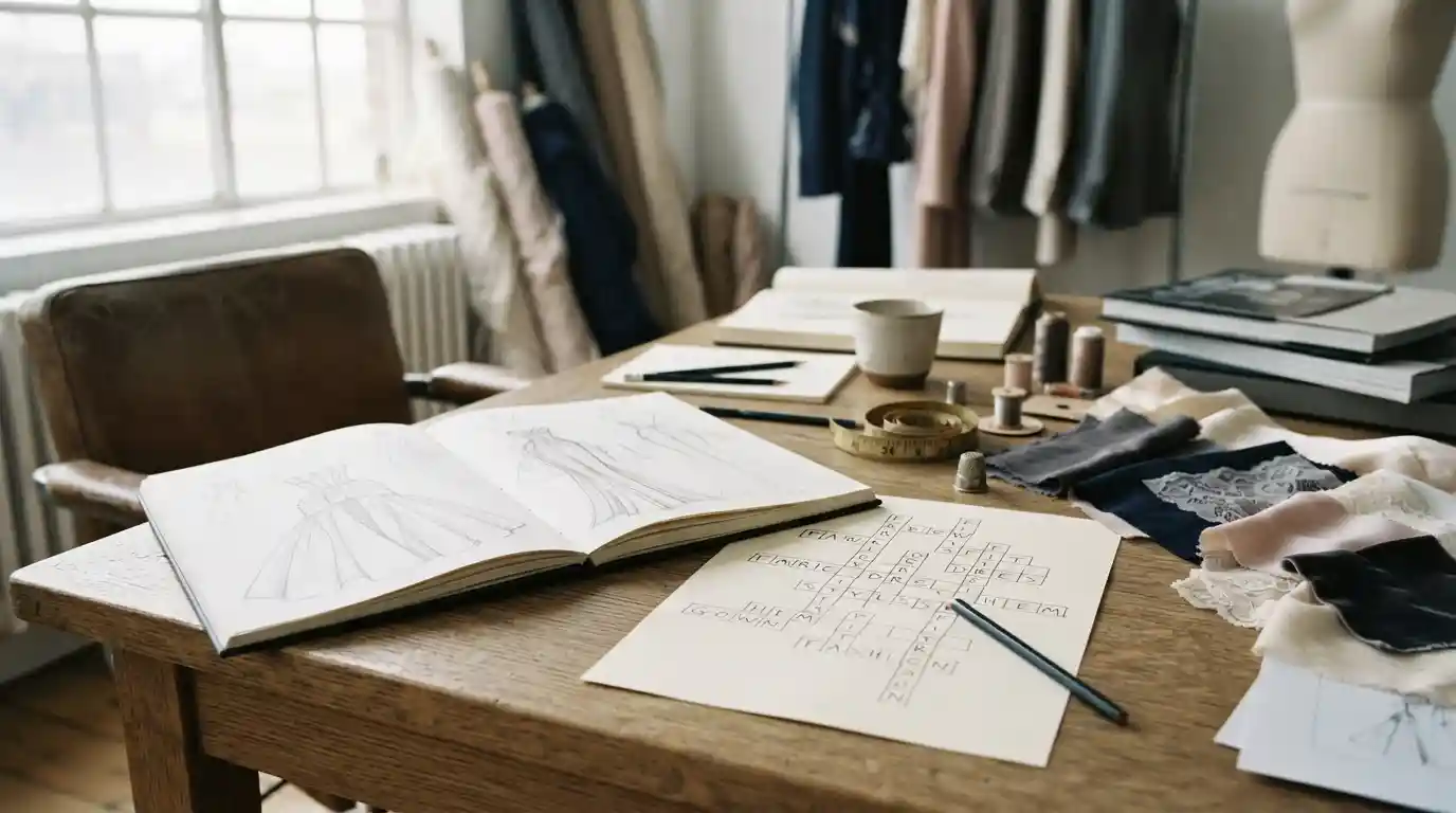 Fashion design sketches and a crossword puzzle arranged on an elegant studio desk