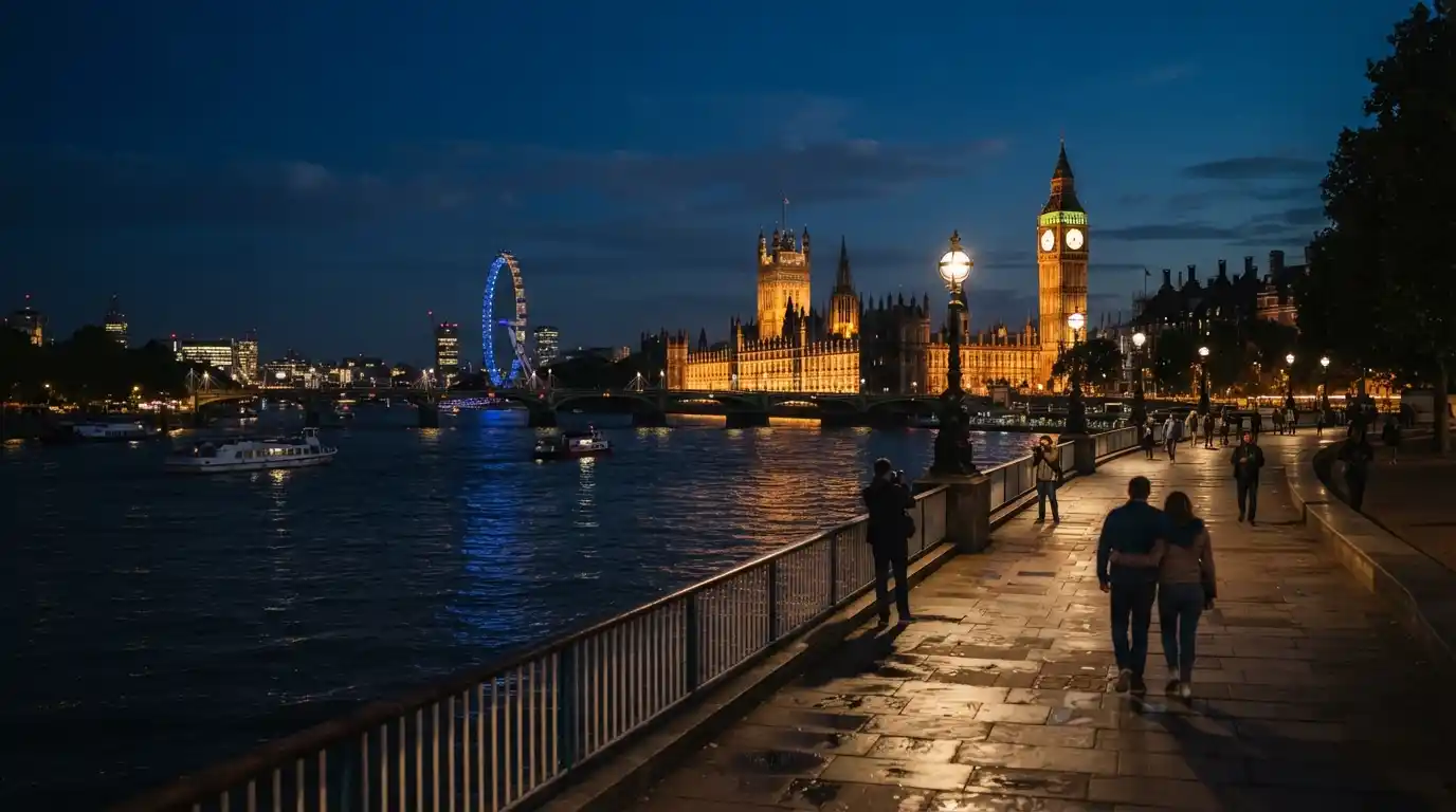 London skyline and River Thames illuminated at night