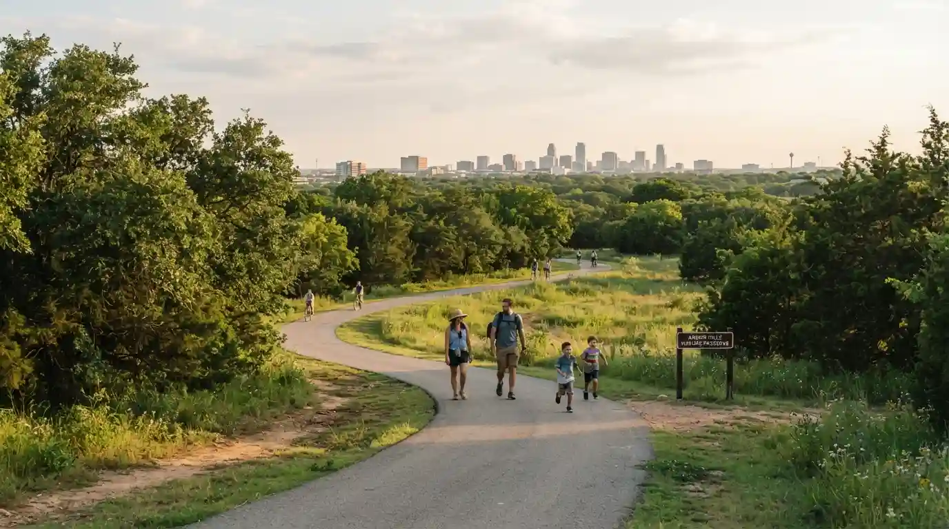 Visitors walking along a scenic nature trail in Plano, Texas