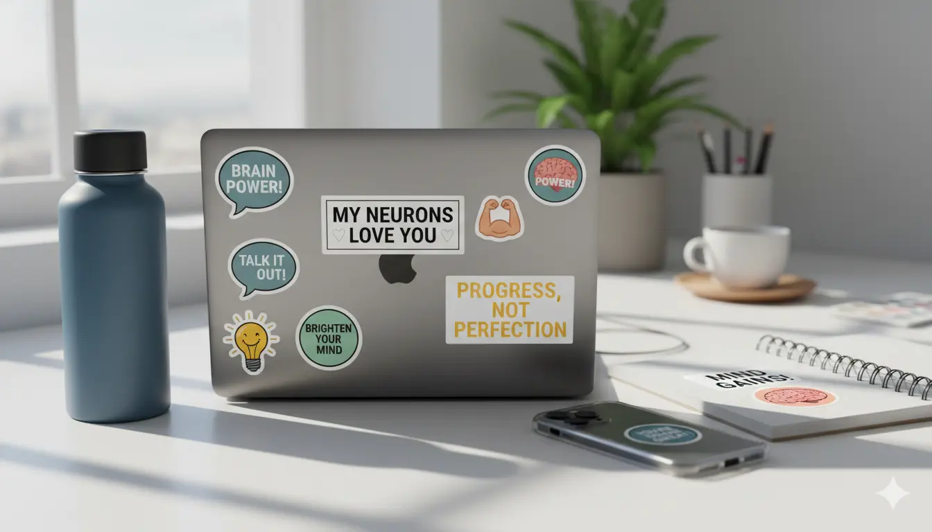 Funny mental health stickers featuring humorous designs and science-inspired elements promoting mental wellness