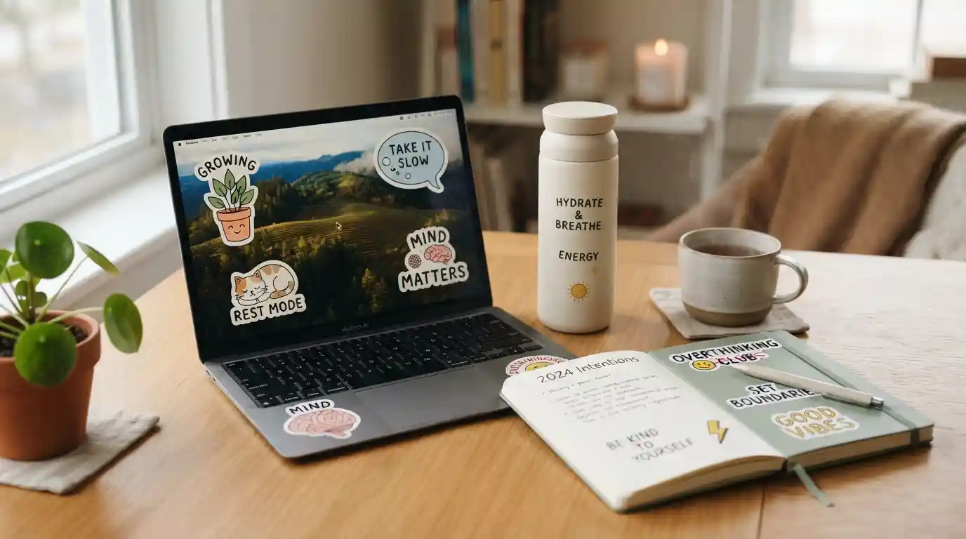 Colorful mental health-themed stickers arranged on a laptop, water bottle, and wellness journal on a cozy desk.