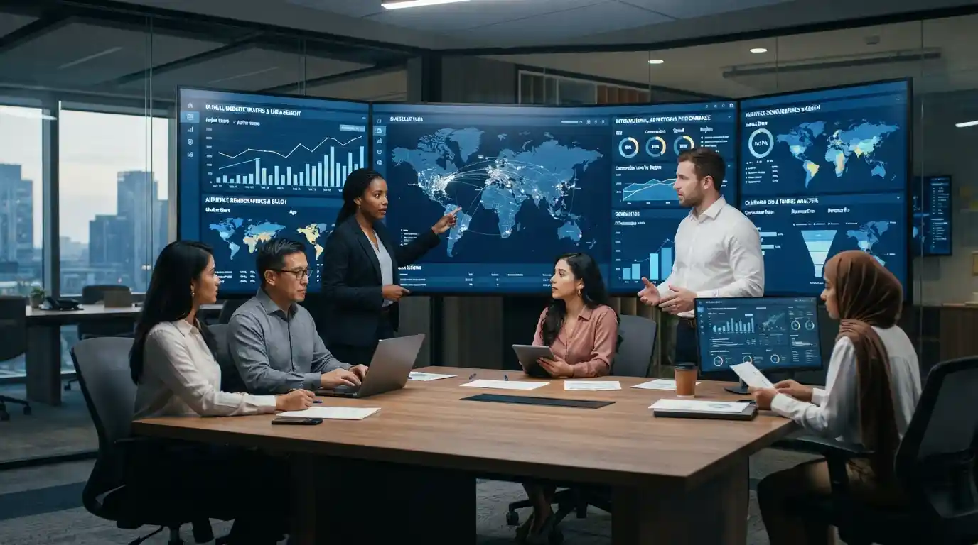 Business marketing team analyzing digital performance and global customer data in a modern enterprise workspace