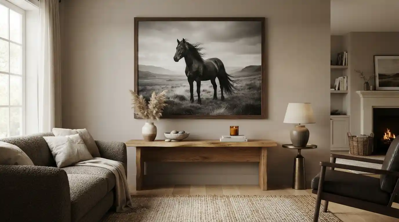 Framed photograph of a dark stallion displayed as statement wall art in a modern living room