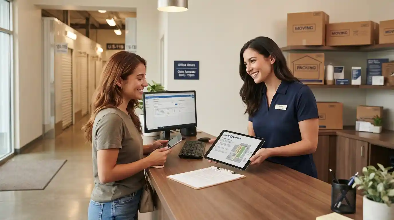 Storage facility representative helping a customer with storage assistance at a reception desk