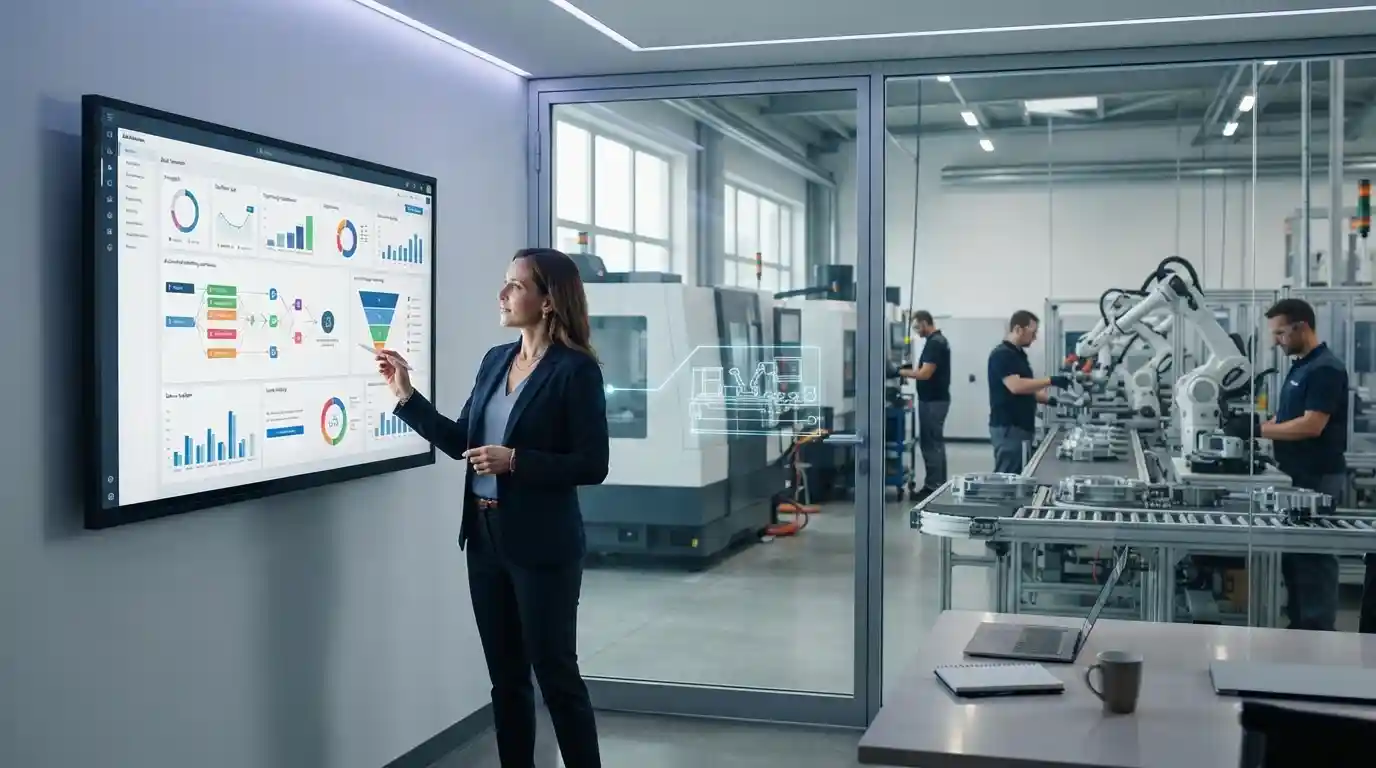 Manufacturing marketing manager reviewing an automated B2B marketing dashboard in an industrial facility