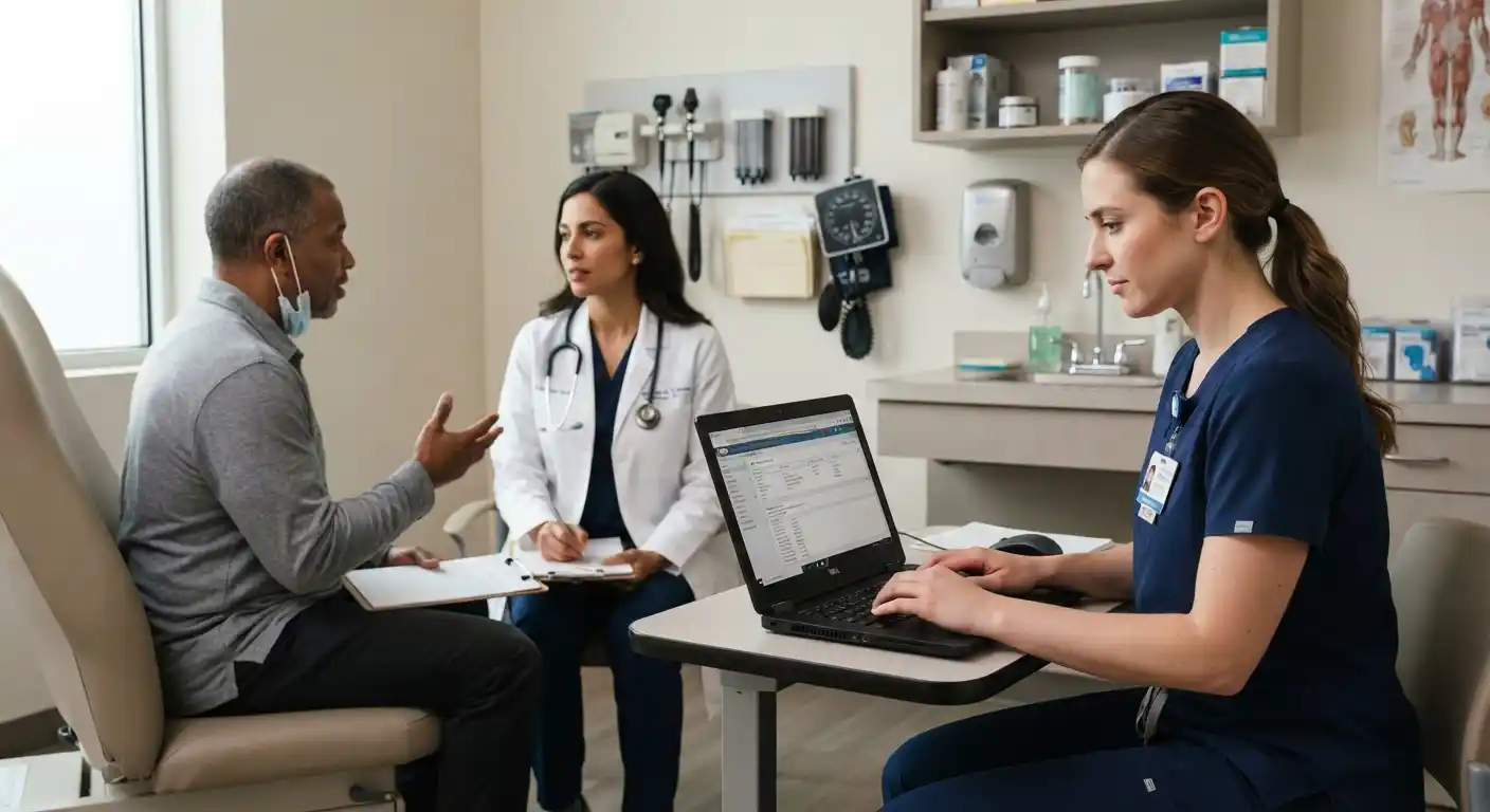 Medical scribe documenting a patient consultation beside a physician in a modern clinic