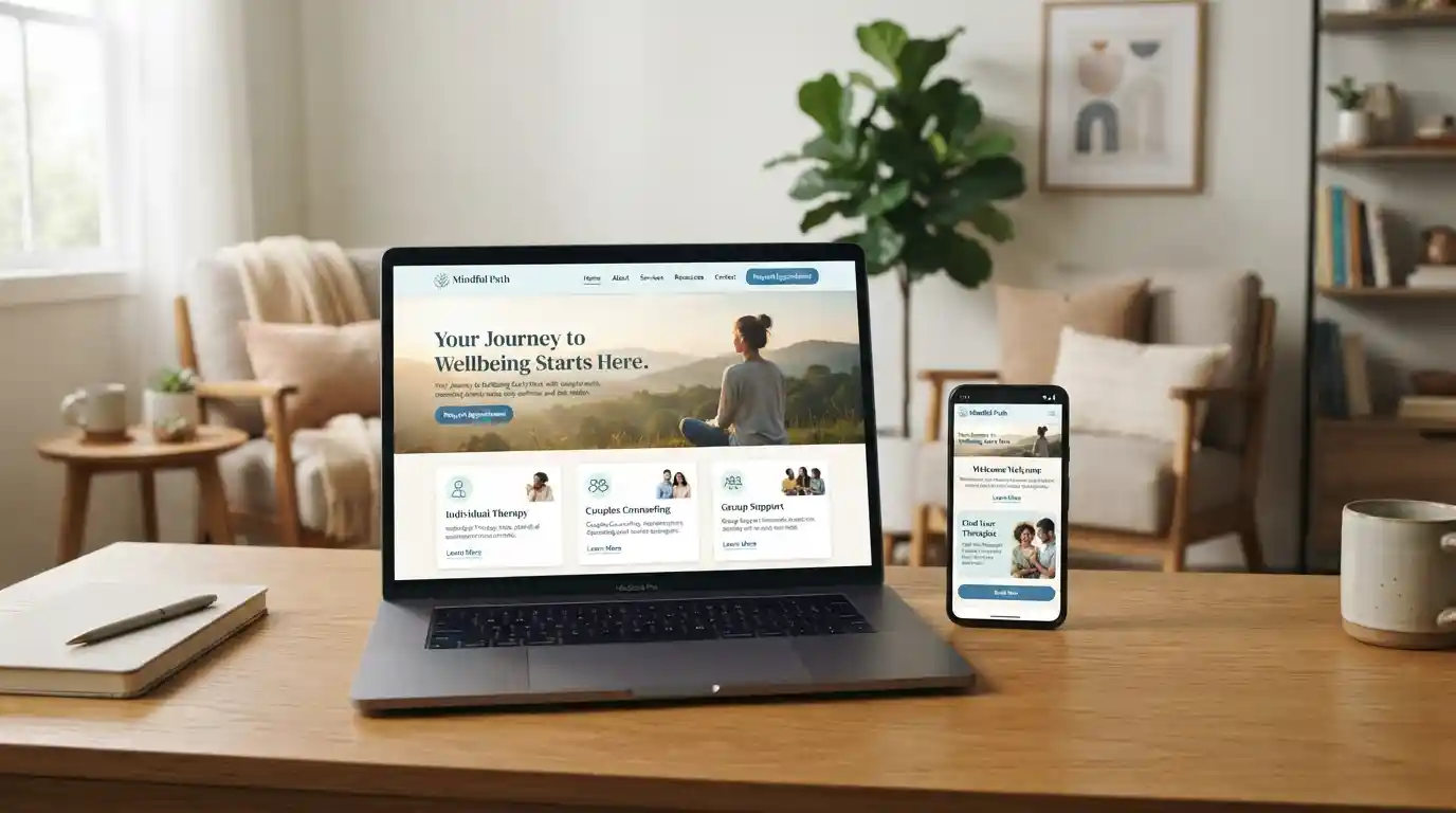 Laptop and smartphone displaying a calm mental health website interface in a modern counseling environment