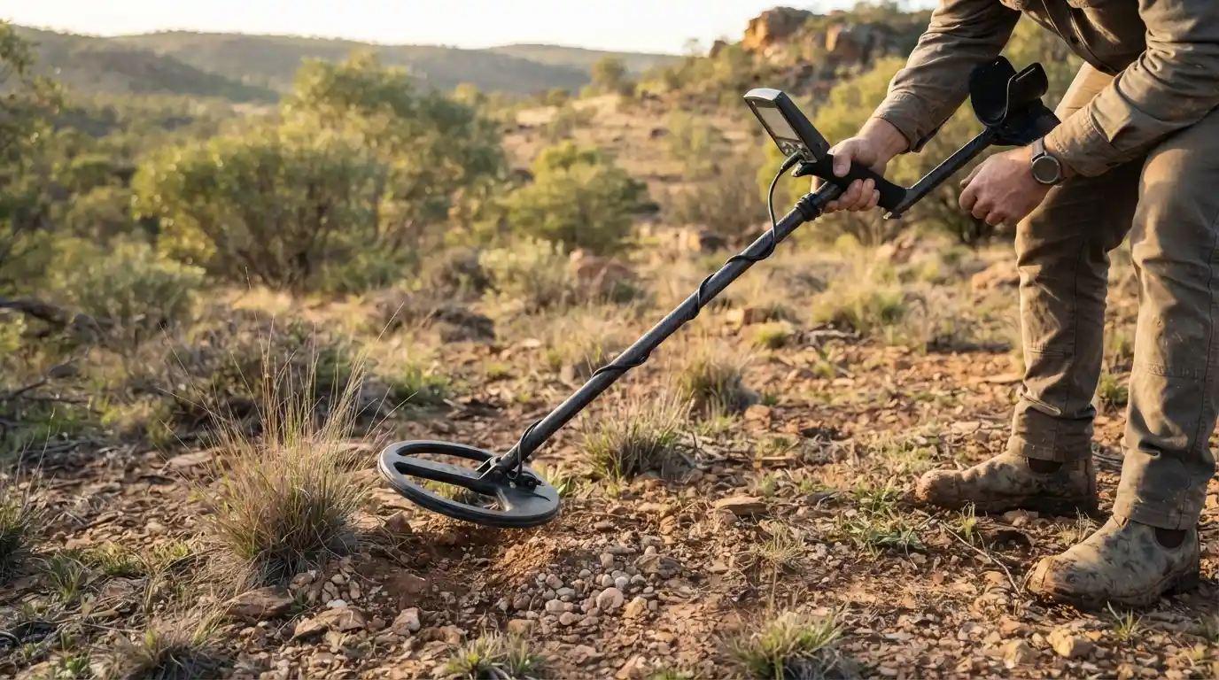 Modern metal detector scanning natural ground during outdoor exploration