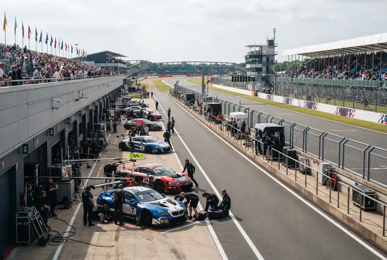 Motorsport event set ups showing race cars, pit garages, track barriers, grandstands, and organized race-day infrastructure