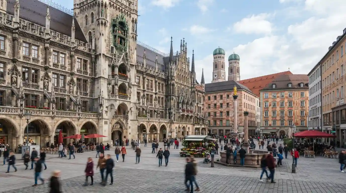 Historic Munich Old Town at Marienplatz with the New Town Hall and Frauenkirche towers in the background