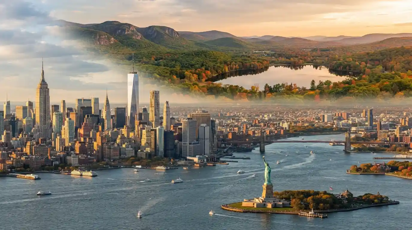 New York City skyline and Statue of Liberty with scenic Upstate New York mountains in the background