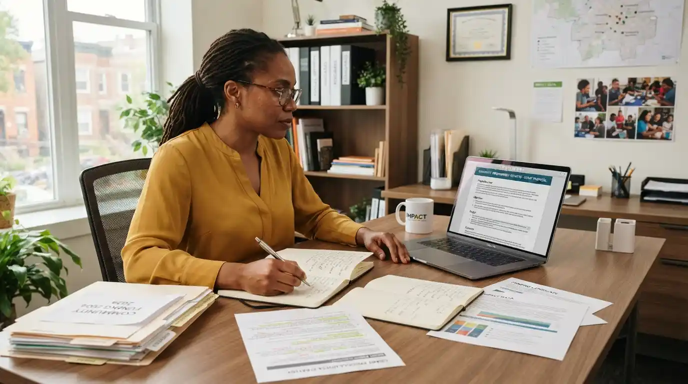 Nonprofit grant writer preparing a funding proposal at a professional workspace
