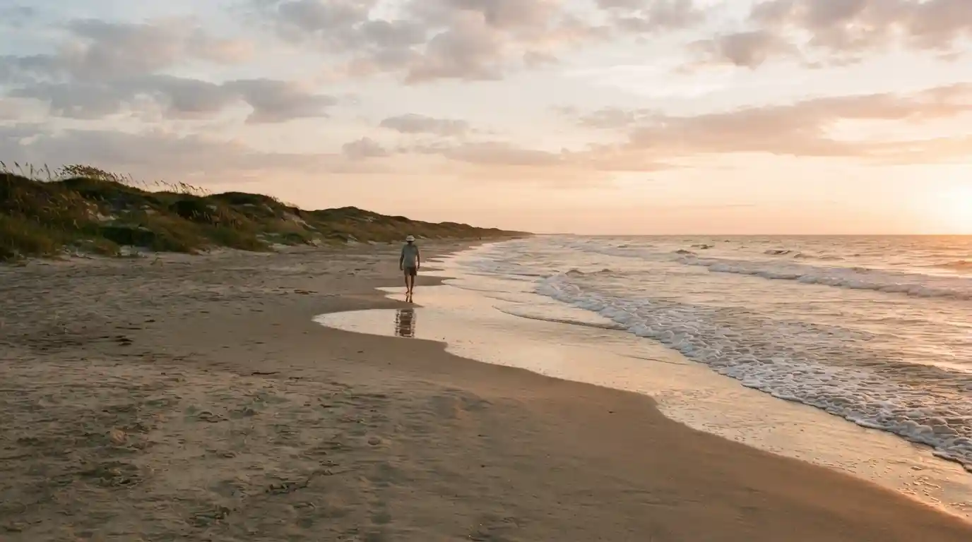 Wide sandy beach and Gulf Coast shoreline at North Padre Island during sunset
