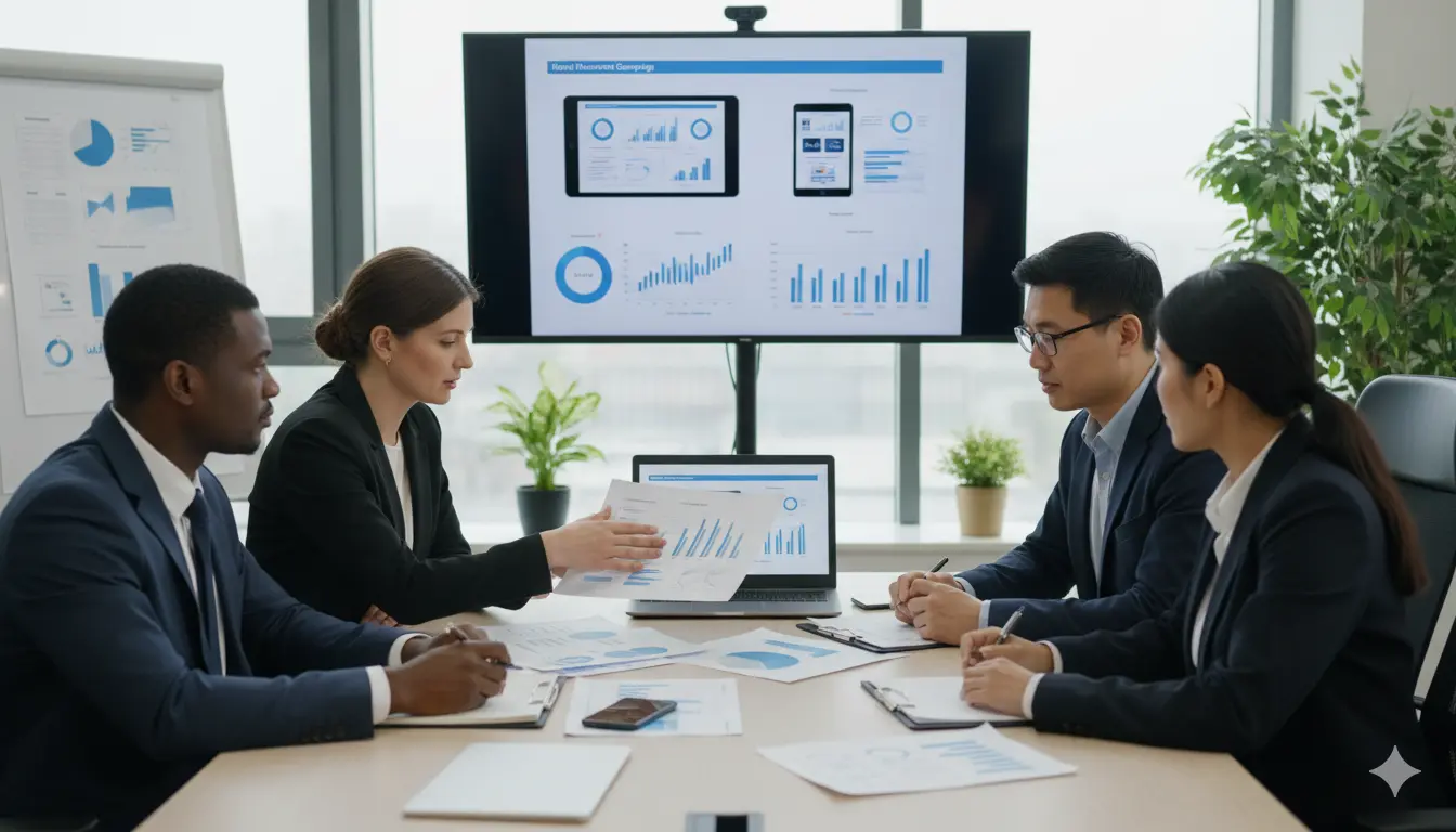 Pharmaceutical marketing professionals analyzing data and planning effective marketing strategies for drug companies.