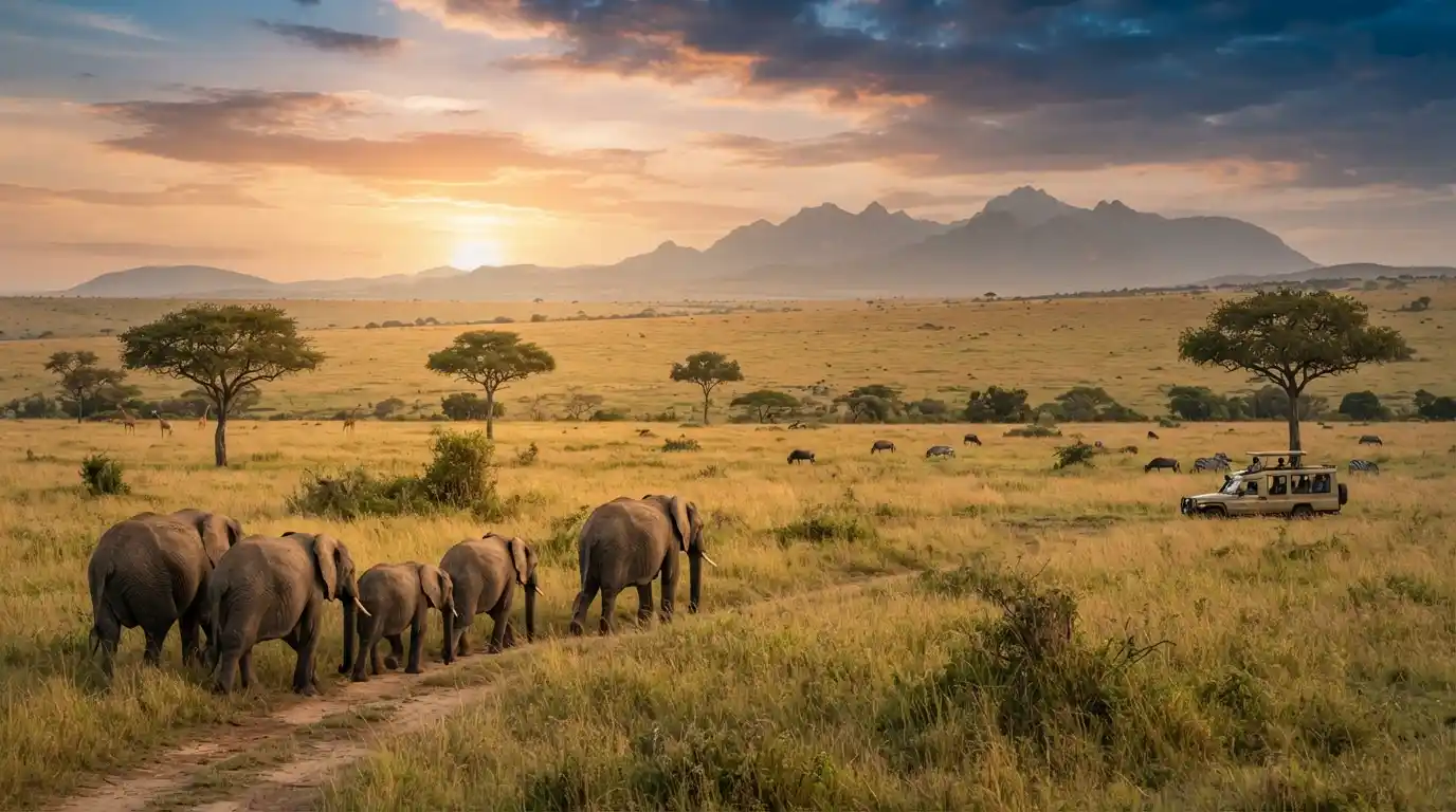 Elephants in the Kenyan savannah during a scenic safari vacation