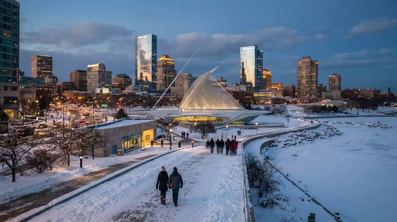 Snowy Milwaukee skyline and lakefront during winter