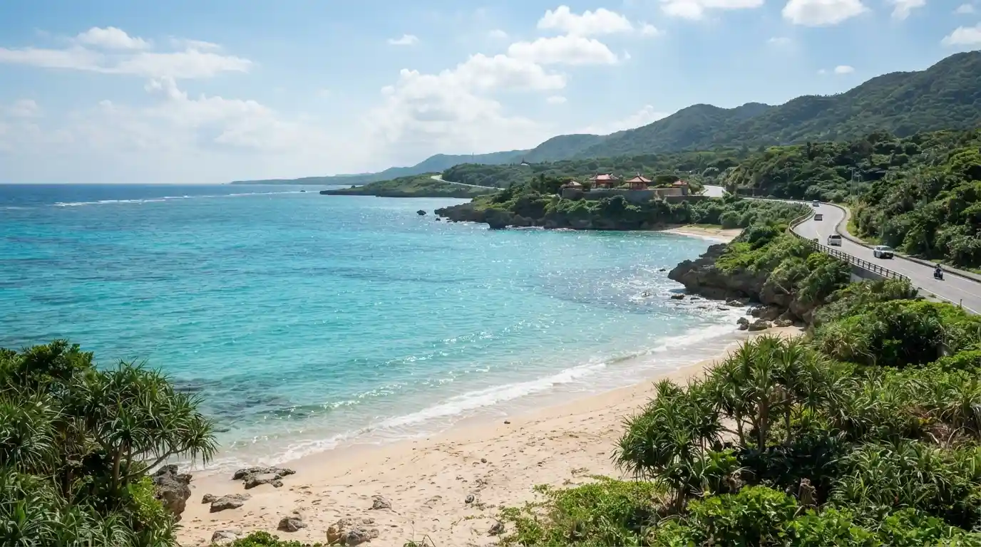 Scenic Okinawa Main Island coastline with turquoise water and subtropical landscape