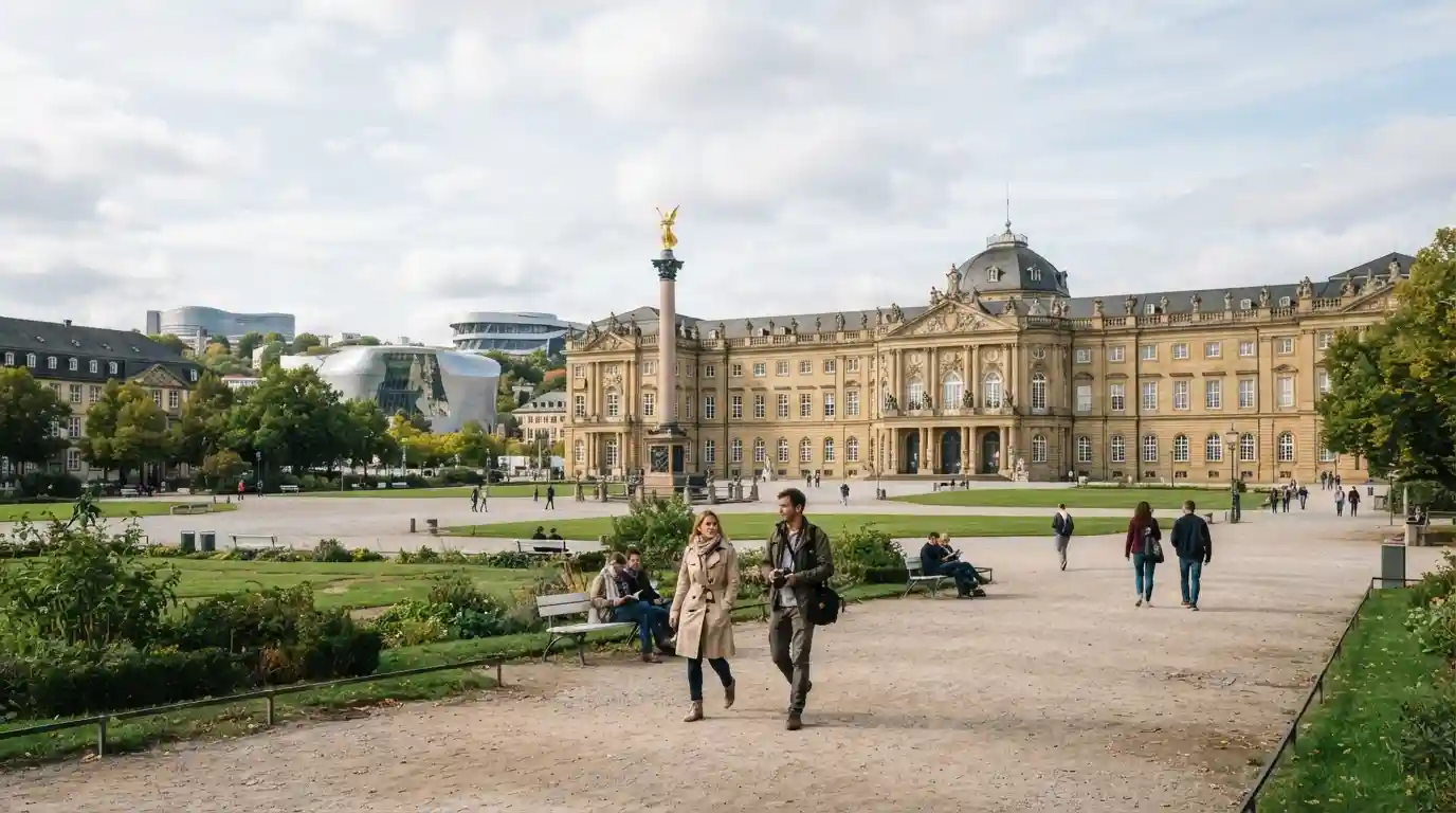 Stuttgart Schlossplatz with the New Palace and visitors exploring the city centre