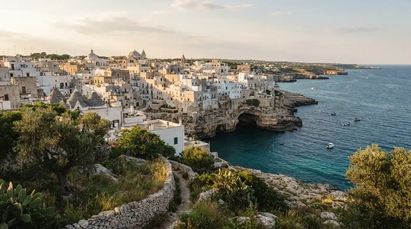 Whitewashed Puglian town overlooking the Mediterranean coast in southern Italy